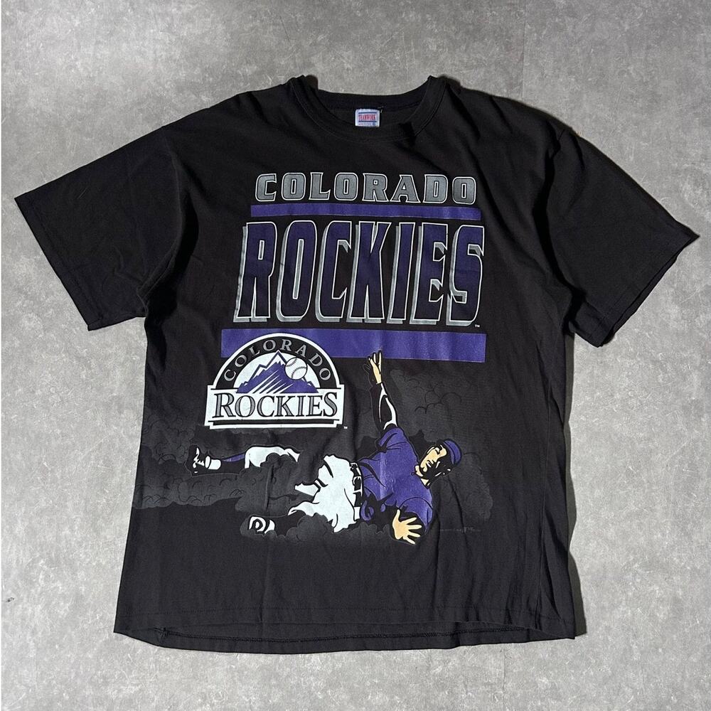 90's Vintage Colorado Rockies Wrap Around Black T-Shirt -XL